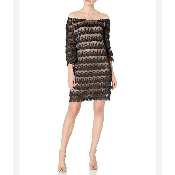 Trina Turk Mini Dress Size 2 Black Fringed Embroidered Lace Off Shoulder - Picture 1 of 11